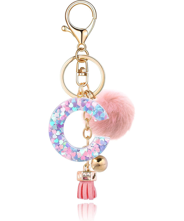 Resin Alphabet Initial Letter Keychain Keyring for Women Purse Handbags With Fur Ball Pom