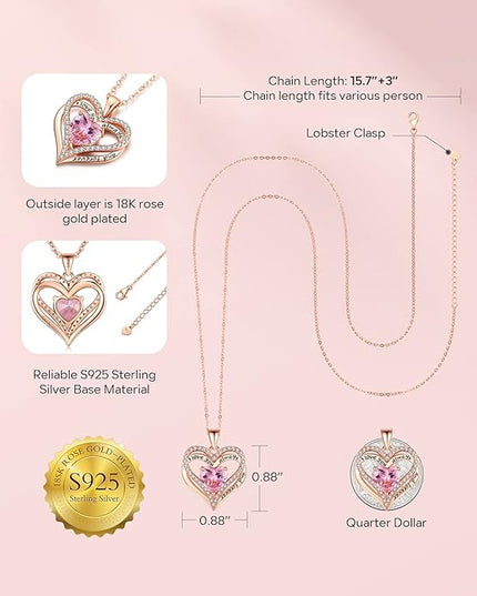 S925 Sterling Silver Necklace for Women, Wife Jewelry Rose Gold, Mom Birthday Valentines Mothers Day Gifts, Girlfriend Necklaces, Daughter Heart Jewel, Anniversary for Her