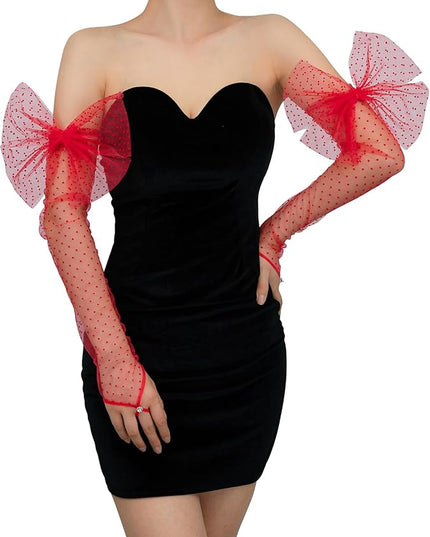 Long Fingerless Lace Gloves with Bow Polka Dot Wedding Bridal Mesh Sheer Gloves Long Opera Party Accessories