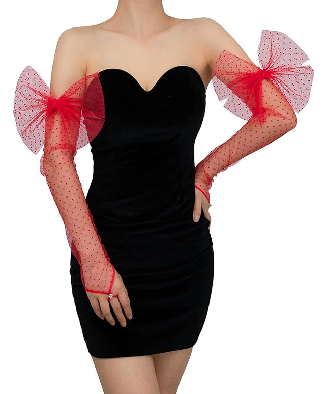 Long Fingerless Lace Gloves with Bow Polka Dot Wedding Bridal Mesh Sheer Gloves Long Opera Party Accessories