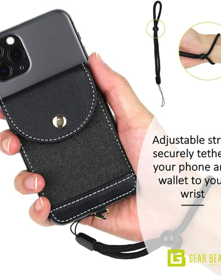 Cell Phone Wallet for Back of Phone with Wrist Strap, Stick On Wallet Credit Card ID Holder with RFID Protection Compatible with iPhone, Galaxy & Most Smartphones and Cases