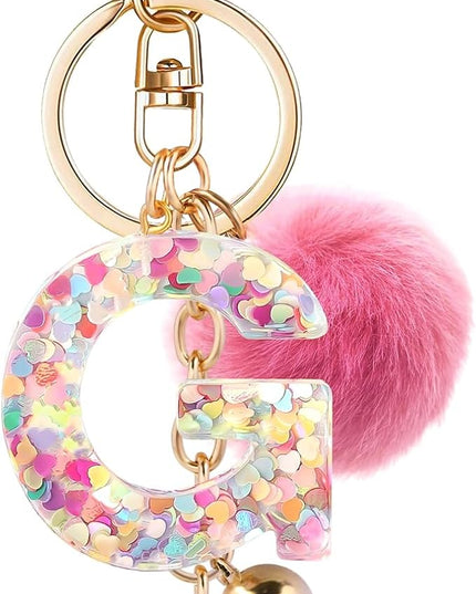Resin Alphabet Initial Letter Keychain Keyring for Women Purse Handbags With Fur Ball Pom