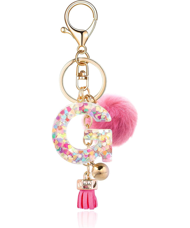 Resin Alphabet Initial Letter Keychain Keyring for Women Purse Handbags With Fur Ball Pom