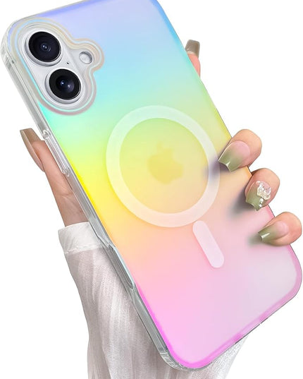 Cute Case for iPhone 16 Case for Women Girls [Compatible with Magsafe] Aesthetic Girly Glitter Bling Rainbow Magnetic Protective Phone Cover, Translucent Iridescent Blue & Pink