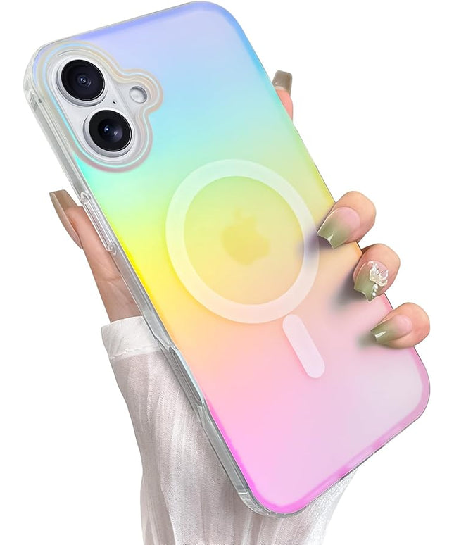 Cute Case for iPhone 16 Case for Women Girls [Compatible with Magsafe] Aesthetic Girly Glitter Bling Rainbow Magnetic Protective Phone Cover, Translucent Iridescent Blue & Pink