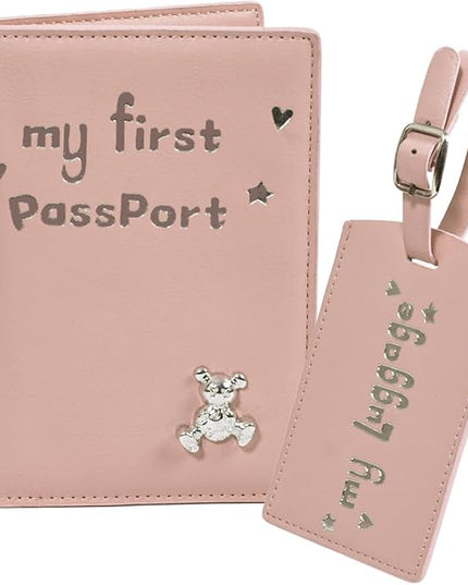 Baby Passport Cover with Travel Luggage Tag, My First Passport Holder With Bear for Girls Boys, Cute Pink Kids Airplane Travle Essentials Accessories Trip Favor Gifts