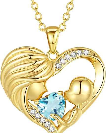FANCIME Mom Birthstone Necklace Mother and Child Love Heart Necklace I Love You Mom Gifts Mothers Day Birthstone Jewelry Gifts for Grandmother Women Wife, 16"+2" Inches