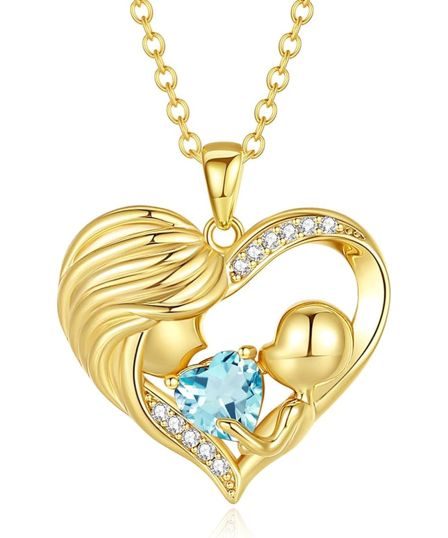 FANCIME Mom Birthstone Necklace Mother and Child Love Heart Necklace I Love You Mom Gifts Mothers Day Birthstone Jewelry Gifts for Grandmother Women Wife, 16"+2" Inches