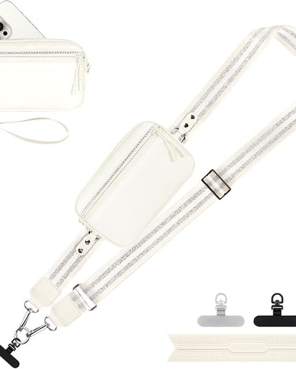 Clip and Go Strap for Phone with Wallet Crossbody, Adjustable Phone Lanyard with Detachable RFID Wristlet Wallet, Pattern Strap - Cream&Silver (L)