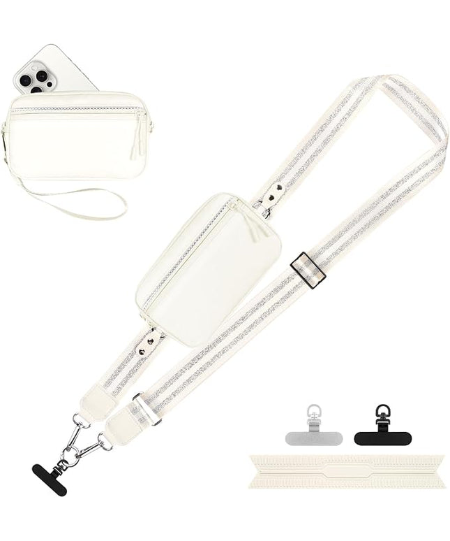 Clip and Go Strap for Phone with Wallet Crossbody, Adjustable Phone Lanyard with Detachable RFID Wristlet Wallet, Pattern Strap - Cream&Silver (L)
