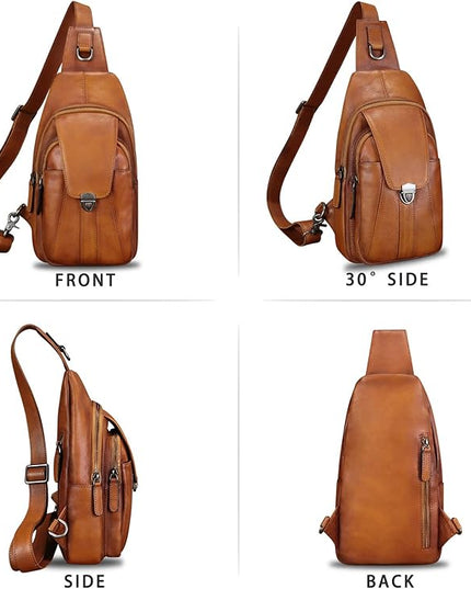 Genuine Leather Sling Bag for Women and Man Handmade Retro Hiking Crossbody Backpack Purse Chest Shoulder Daypack