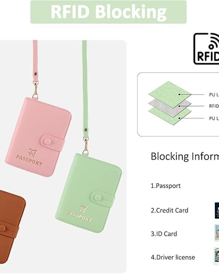 Passport Holder RFID Protected Wallet and Luggage Tag with Protection Cover Travel Accessories Leather Card Case Organizer for Women Men (Green)