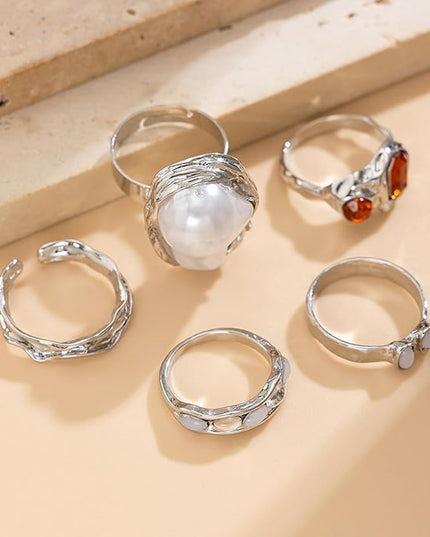 Chunky Gold Rings for Women Non Tarnish Statement Flower Ring Baroque Pearl Stackable Rings Set 6Pcs Chunky Jewelry