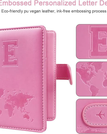 Passport Holder Cover Initail Letter A-Z Travel Wallet Embossed Design RFID Blocking Card Holder Personalized Gift Passport Cover Wallet, Passport Book Holders for Women and Girls, Pink-E