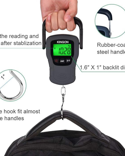 Digital Hanging Luggage Scale with Comfortable Handle and Large Hook, 110lb/50kg, Backlit Portable Scale for Travel Fishing with Tare/Hold Function, AAA Batteries Included, Grey