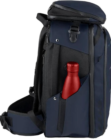 Käydä 36L Travel Backpack - Spacious Carry On Backpack with Detachable Travel Pouch, Magnetic Water Bottle Pocket, Passport and Laptop Pocket - Convertible Boot Bag for Snow Sports (Steel Blue)