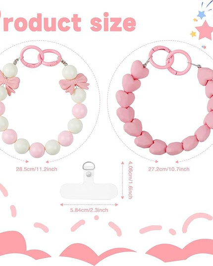2 Pcs Phone Charm Wrist Strap with Tether Tab, Double Anti Lost Cute Beaded Wrist Lanyard, Detachable Transparent Phone Charms for Bag, Key Chains, Camera Decor