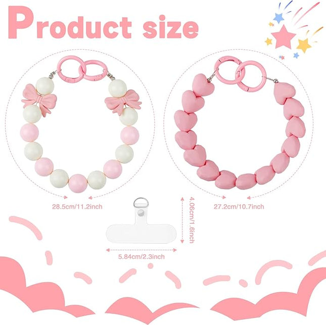2 Pcs Phone Charm Wrist Strap with Tether Tab, Double Anti Lost Cute Beaded Wrist Lanyard, Detachable Transparent Phone Charms for Bag, Key Chains, Camera Decor