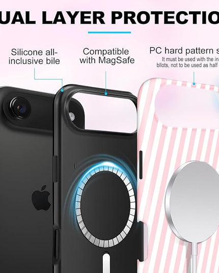 Magnetic for iPhone 17 Air Case Cute Diagonal Stripes Phone Case, Shockproof Slim TPU and Hard PC Protective Phone Cover Compatible with MagSafe Designed for Women Girls,Pink