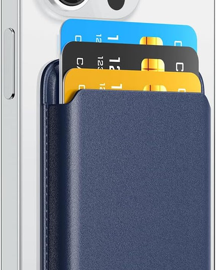 Phone Card Holder, Premium Leather Wallet Stick on, Adhesive Credit Card Holder for Case, Sticky Wallet for Back of Cover, Android Cell Phone, iPhone, Fit 4 Cards, Deep Blue