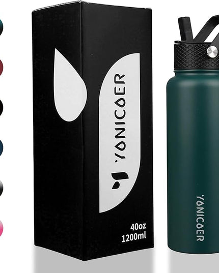 Insulated Water Bottle 40oz,Triple Wall Vacuum Stainless Steel(Dishwasher Safe),Leak Proof & Non-BPA,Flask Jug with Paracord Handle & Straw Spout Lids Sports Green
