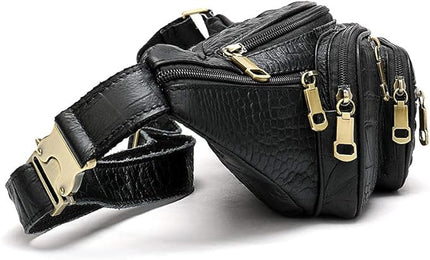Genuine Leather Fanny Pack large capacity Crossbody Waist Bag with Zipper phone Pockets crocodile black
