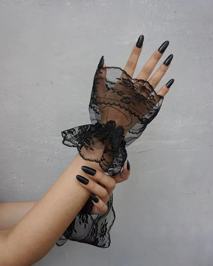 OYOANGLE Women's Floral Lace Bow Front Short Wrist Cuff Wedding Wrist Length Bridal Prom Gloves
