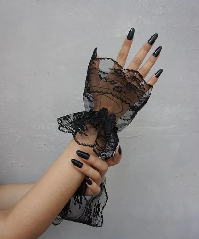OYOANGLE Women's Floral Lace Bow Front Short Wrist Cuff Wedding Wrist Length Bridal Prom Gloves