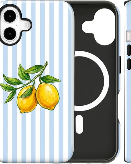 Magnetic for iPhone 17 Case Cute Lemon Stripes Phone Case, Shockproof Slim TPU and Hard PC Protective Phone Cover Compatible with MagSafe Designed for Women Girls, Blue