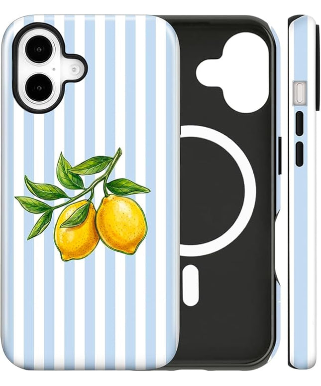 Magnetic for iPhone 16 Case Cute Lemon Stripes Phone Case, Shockproof Slim TPU and Hard PC Protective Phone Cover Compatible with MagSafe Designed for Women Girls, Blue