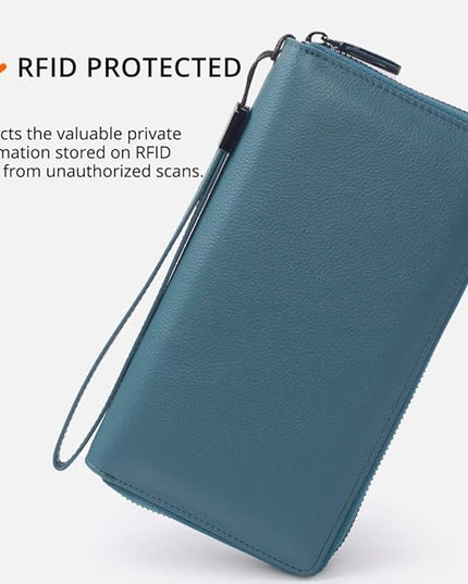 Bveyzi Women RFID Blocking Wallet Leather Zip Around Phone Clutch Large Capacity Ladies Travel Purse Wristlet | RFID Blocking, Zip Around, Large Capacity