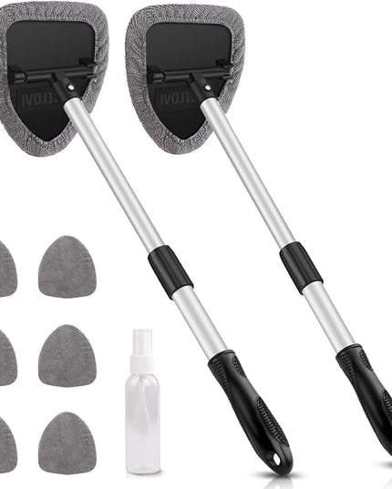 AstroAI Windshield Cleaning Tool, Car Window Cleaner Windshield Cleaner with 8 Reusable and Washable Microfiber Pads and Extendable Handle Auto Inside Glass Wiper Kit, Gray, 2 Pack