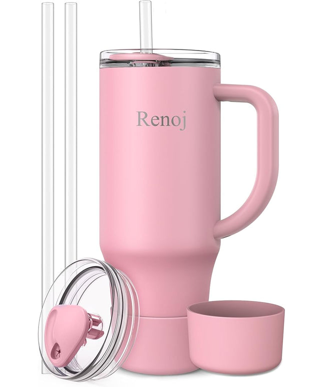 Renoj Tumbler with Handle 100% Spill Resistant Insulated Water Bottle for Iced Coffee & Hot Drinks - Fits Car Cup Holder, Ideal Gift, 2 Straws & Silicone Boot BPA-Free - FlexSlide Pink 32 oz
