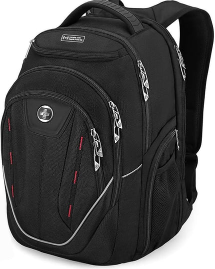 Swissdigital Design TSA Laptop Backpack Men's USB Charging Port Large Capacity Business Travel Backpack Black| With Apple Find My Network Black/Red | J16BTFB-41