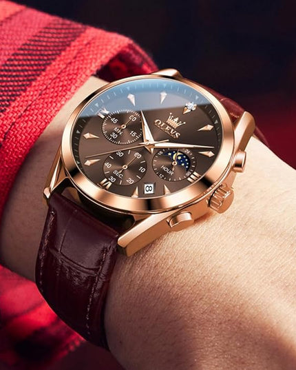 OLEVS Men's Watches Leather Strap Analog Quartz Watch, Fashion Big Dial Date Waterproof Watch, Dress Luxury Luminous Men Watches