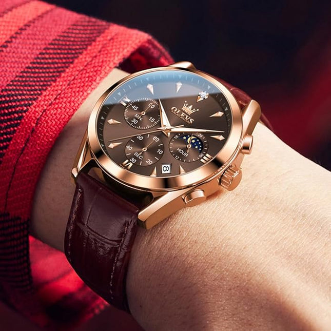 OLEVS Men's Watches Leather Strap Analog Quartz Watch, Fashion Big Dial Date Waterproof Watch, Dress Luxury Luminous Men Watches