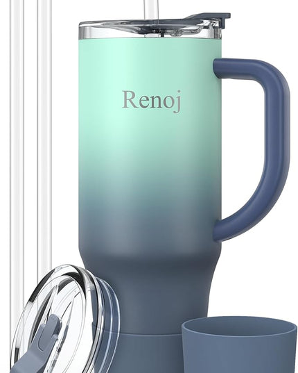 Renoj Tumbler with Handle 100% Leak Proof Insulated Water Bottle for Iced Coffee & Hot Drinks - Fits Car Cup Holder, Ideal Gift, 2 Straws & Silicone Boot BPA-Free - SnapShift Blue Gradient 40 oz