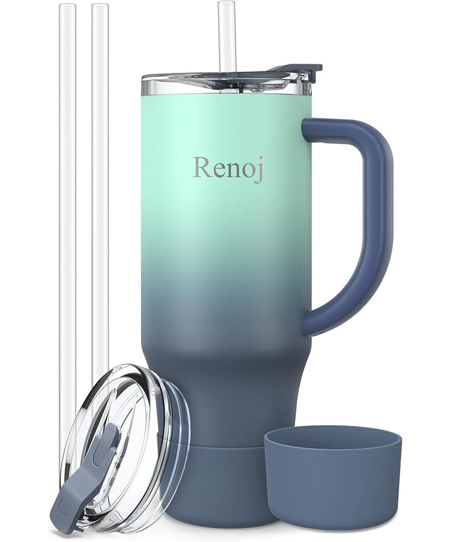 Renoj Tumbler with Handle 100% Leak Proof Insulated Water Bottle for Iced Coffee & Hot Drinks - Fits Car Cup Holder, Ideal Gift, 2 Straws & Silicone Boot BPA-Free - SnapShift Blue Gradient 32 oz