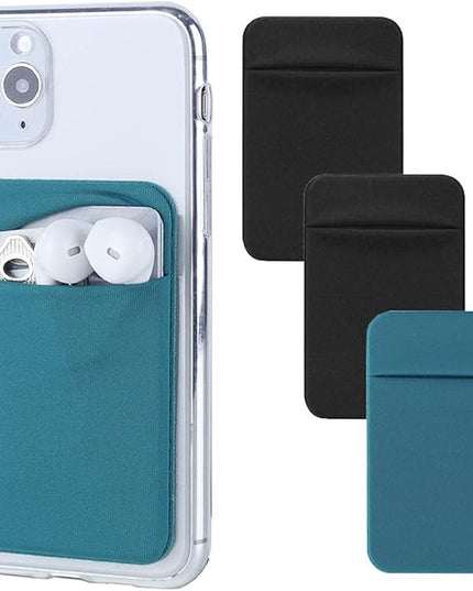 3Pack Cell Phone Card Holder Pocket for Back of Phone,Stretchy Stick on Wallet Credit Card ID Case Pouch Sleeve Self Adhesive Sticker with Flap for iPhone Samsung Galaxy-2Black+1Teal Green