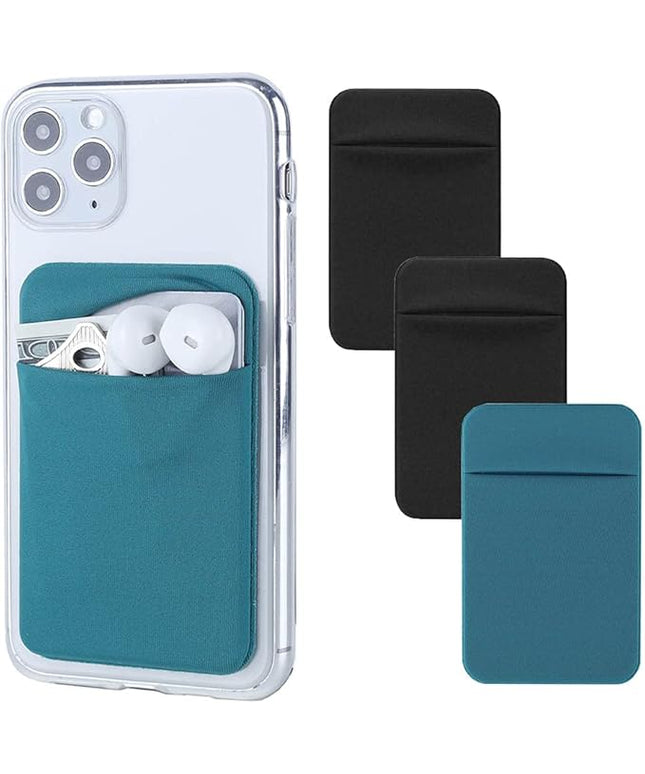 3Pack Cell Phone Card Holder Pocket for Back of Phone,Stretchy Stick on Wallet Credit Card ID Case Pouch Sleeve Self Adhesive Sticker with Flap for iPhone Samsung Galaxy-2Black+1Teal Green