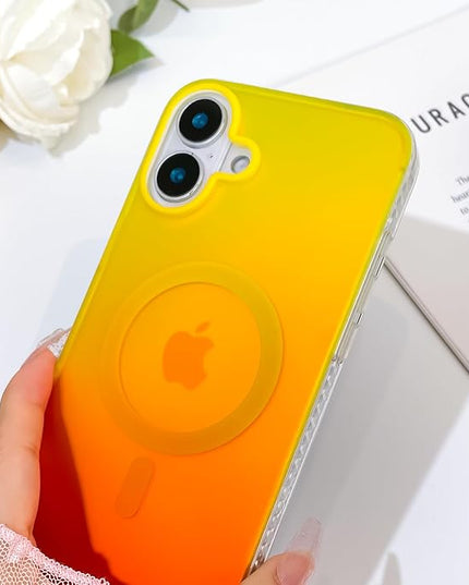 Aesthetic Case for iPhone 16 Case for Women Girls, Compatible with Magsafe, Cute Girly Trendy Glitter Sparkly Rainbow Magnetic Protective Phone Cover, Matte Iridescent Yellow & Orange