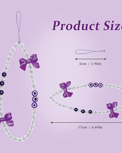 Handmade Evil Eye Phone Charm Strap – Purple Beaded Phone Chain with Pearl & Bow Pendant, Cute Wrist Strap Phone Lanyard for Women Girls