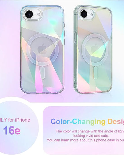 Cute Case for iPhone 16e Case for Women Girls [ Compatible with Magsafe ] Clear Glitter Girly Aesthetic Rainbow Sparkly Bling Magnetic Phone Cover, Iridescent Geometry