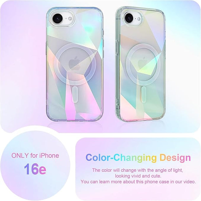 Cute Case for iPhone 16e Case for Women Girls [ Compatible with Magsafe ] Clear Glitter Girly Aesthetic Rainbow Sparkly Bling Magnetic Phone Cover, Iridescent Geometry