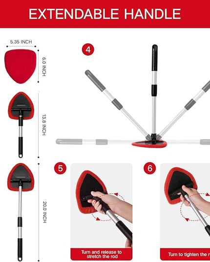 11pcs Windshield Cleaner Tool, Car Window Cleaning Wash Kit with 6 Reusable Microfiber Pads 2 Spray Bottles and Extendable Handles Auto Glass Wiper Kit, Red