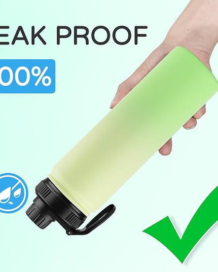 DOMICARE Insulated Water Bottle, 22 oz Vacuum Insulated Stainless Steel Reusable Sports Bottle with Straw Lid & Spout Lid for Travel, Camping, Bike, Leakproof, Green Gradient, 1 Pack