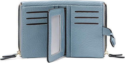 AOXONEL Women's Wallets Leather Wallets for Women Rfid Small Ladies Wallet Billfolds for Women,Trifold Mini Wallets for Women with Double Zipper Coin Pocket (Blue)