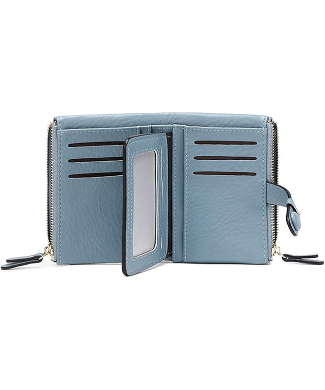 AOXONEL Women's Wallets Leather Wallets for Women Rfid Small Ladies Wallet Billfolds for Women,Trifold Mini Wallets for Women with Double Zipper Coin Pocket (Blue)
