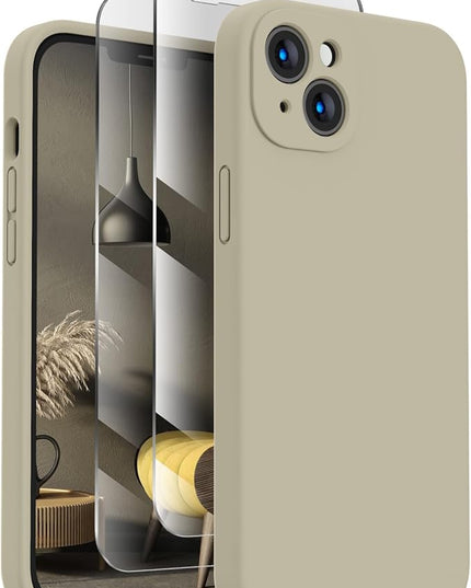 FireNova Designed for iPhone 14 Case, Silicone Upgraded [Camera Protection] Phone Case with [2 Screen Protectors], Soft Anti-Scratch Microfiber Lining Inside, 6.1 inch, Khaki