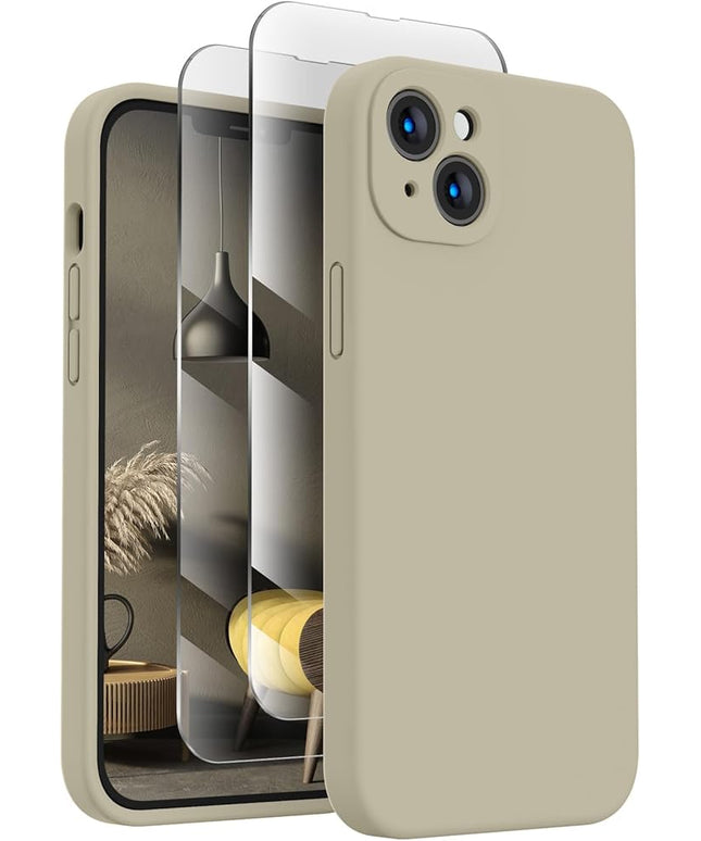 FireNova Designed for iPhone 14 Case, Silicone Upgraded [Camera Protection] Phone Case with [2 Screen Protectors], Soft Anti-Scratch Microfiber Lining Inside, 6.1 inch, Khaki